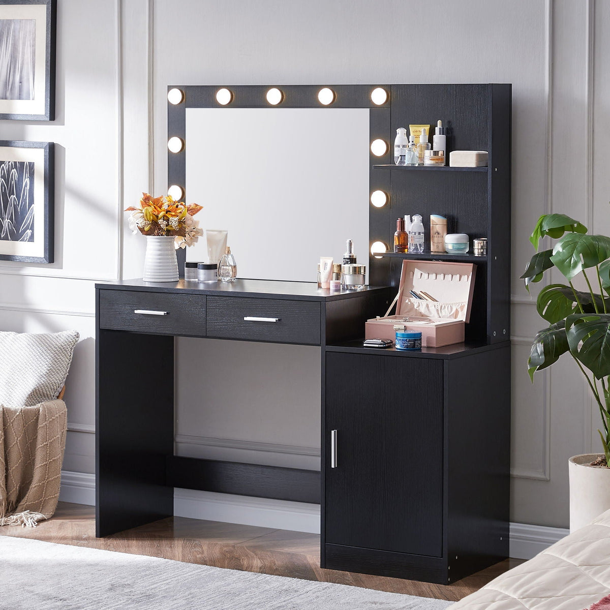 Vanity Desk with Mirror and Adjustable LED Lights - Black or Pink