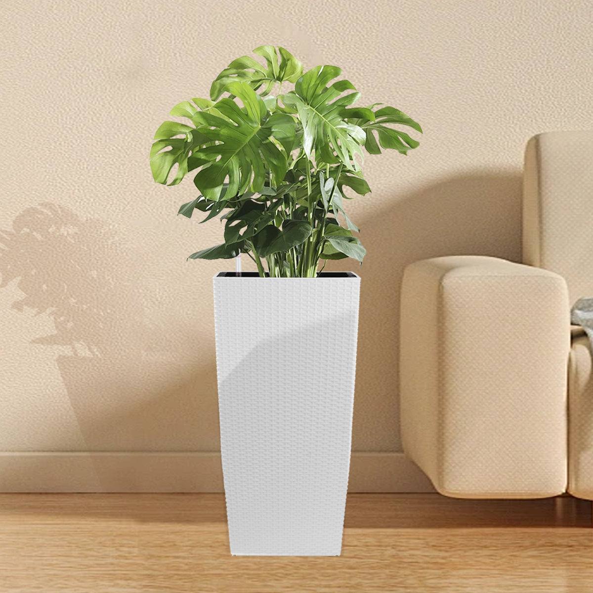 22.6-Inch Modern Faux Rattan Square Planter with Automatic Watering System - White
