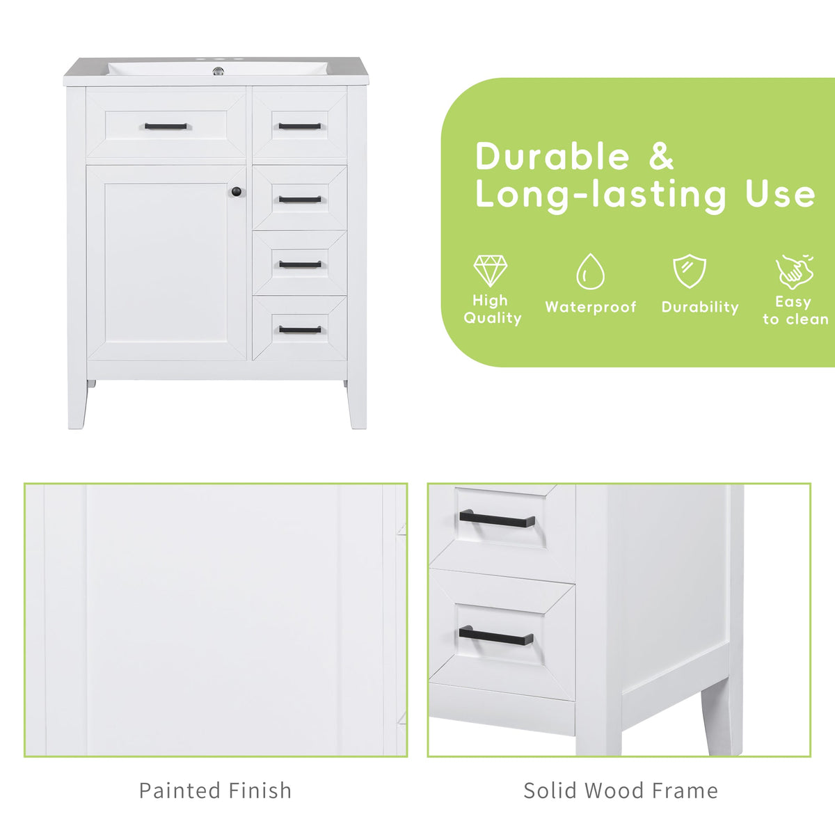 30" Bathroom Vanity Cabinet Base with Drawers - White