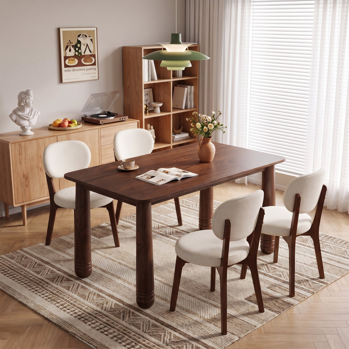 63-Inch Walnut-Finish Dining Set with 4 Upholstered Chairs
