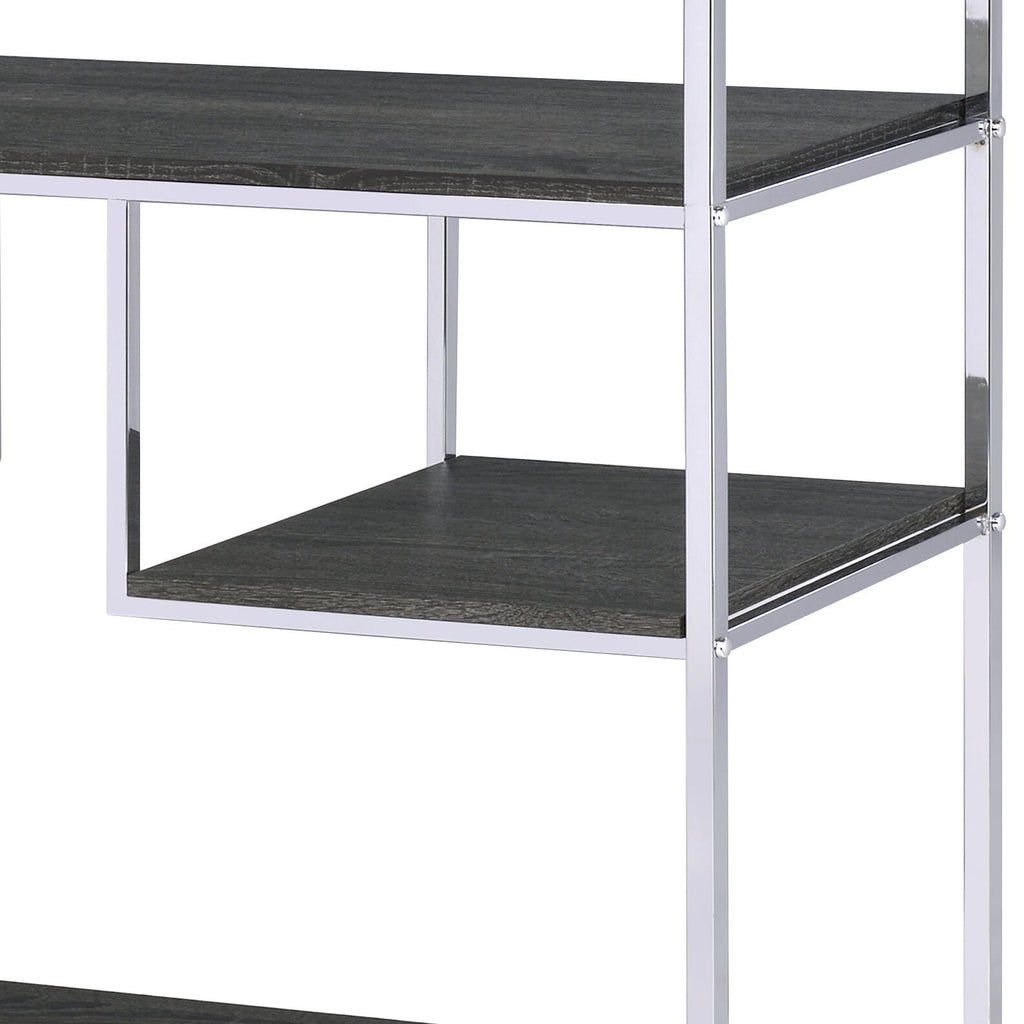 Gray Oak Bookshelf with Chrome Frame and 7 Open Shelves - Gray