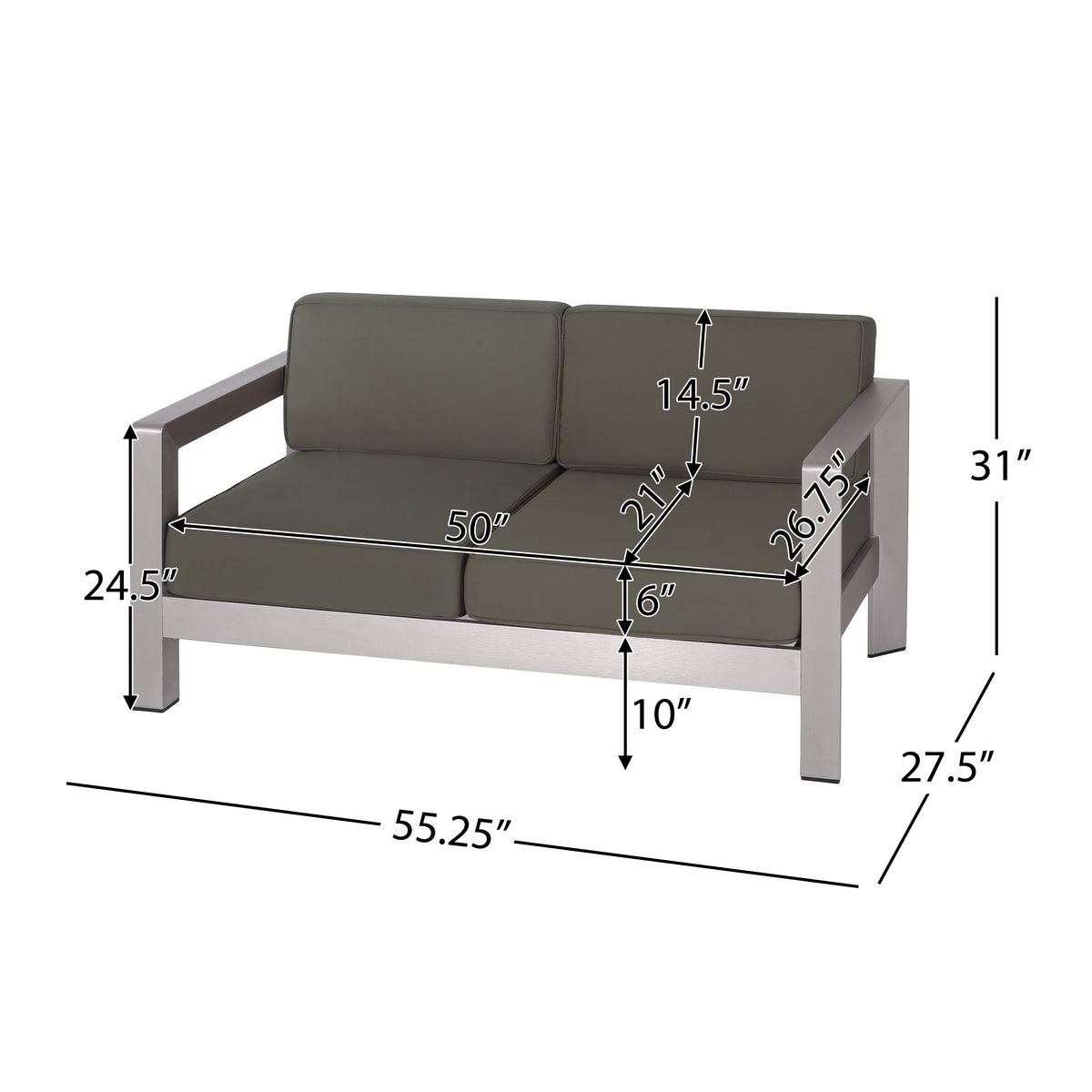 Outdoor Aluminum Loveseat with Deep Cushions - Silver