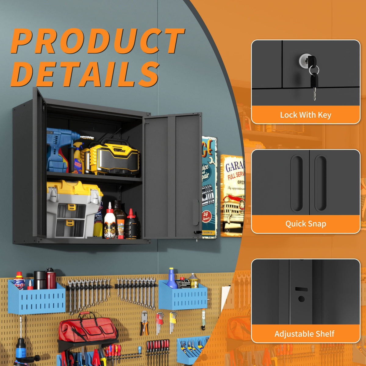 Metal Wall Mounted Tool Storage Cabinet with 2 Locking Doors and Adjustable Shelf - Gray or Black