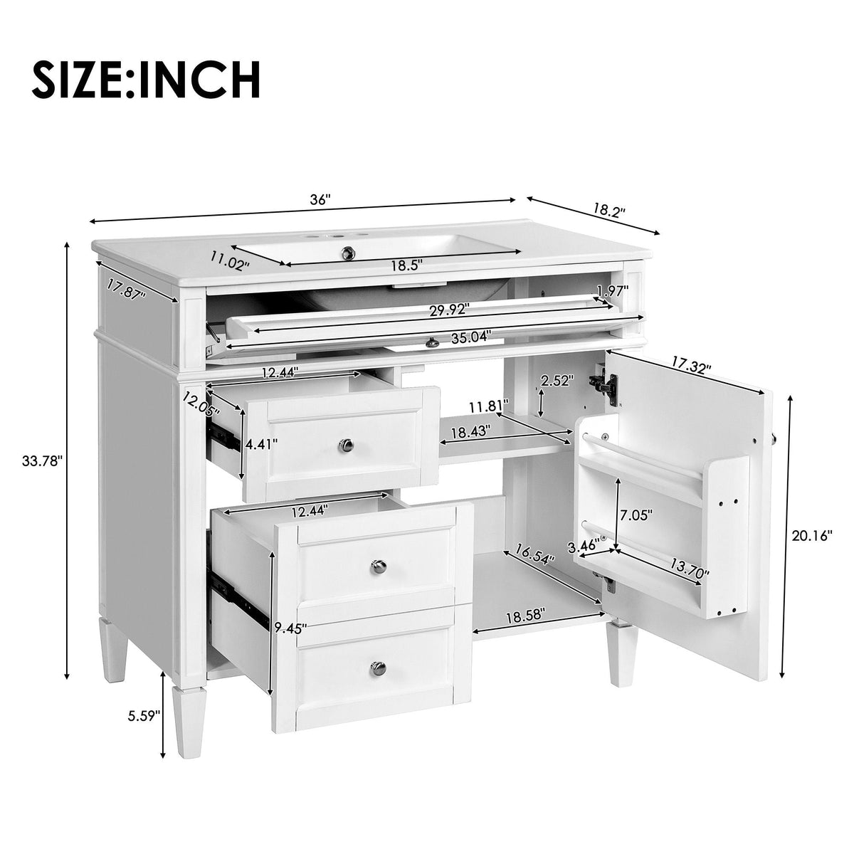 36" Bathroom Vanity with Ceramic Sink and Storage Drawers - Multiple Colors