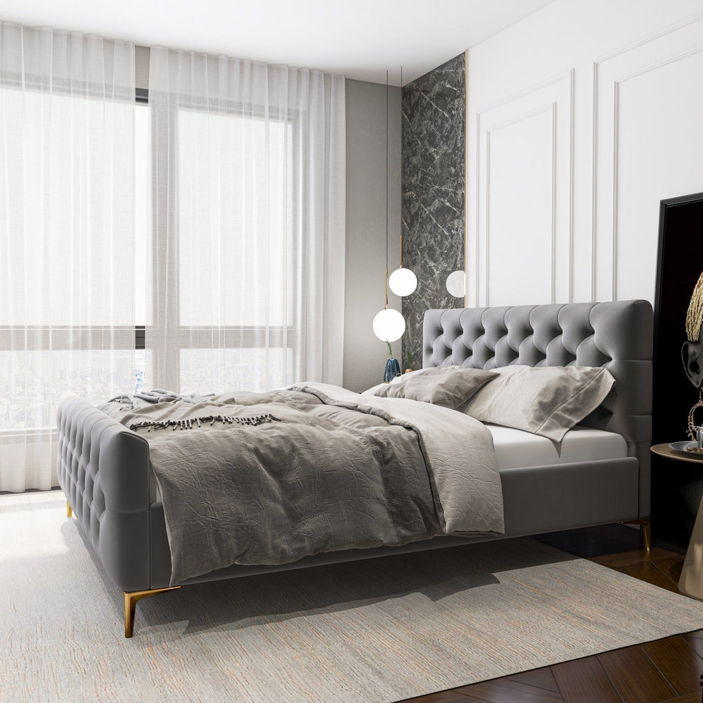 Elegant Design Upholstered Bed with Solid Wood Frame - Dark Gray
