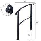 Black Wrought Iron Outdoor Step Handrail with Flexible Installation - Fits 1 to 3 Steps