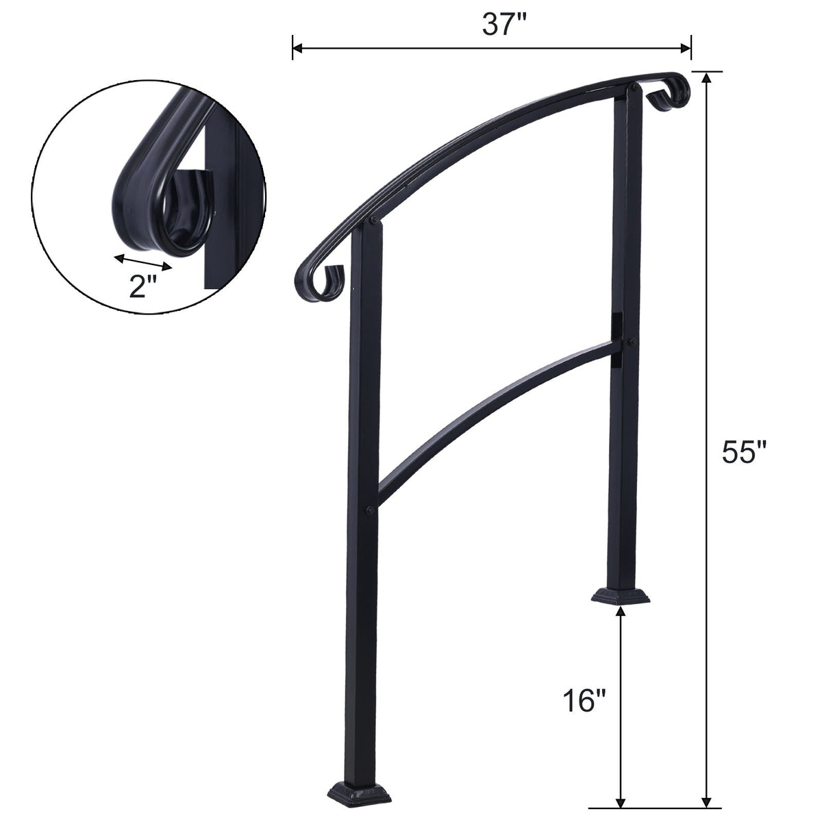 Black Wrought Iron Outdoor Step Handrail with Flexible Installation - Fits 1 to 3 Steps