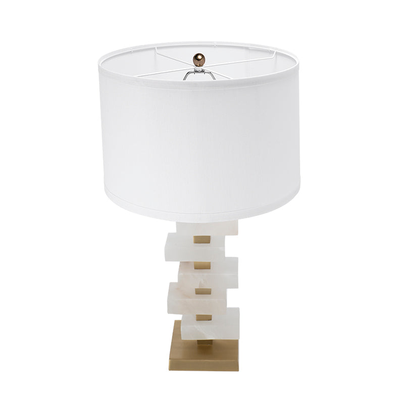 White and Gold Alabaster Table Lamp with Fabric Drum Shade - 15" W x 15" D x 26.7" H