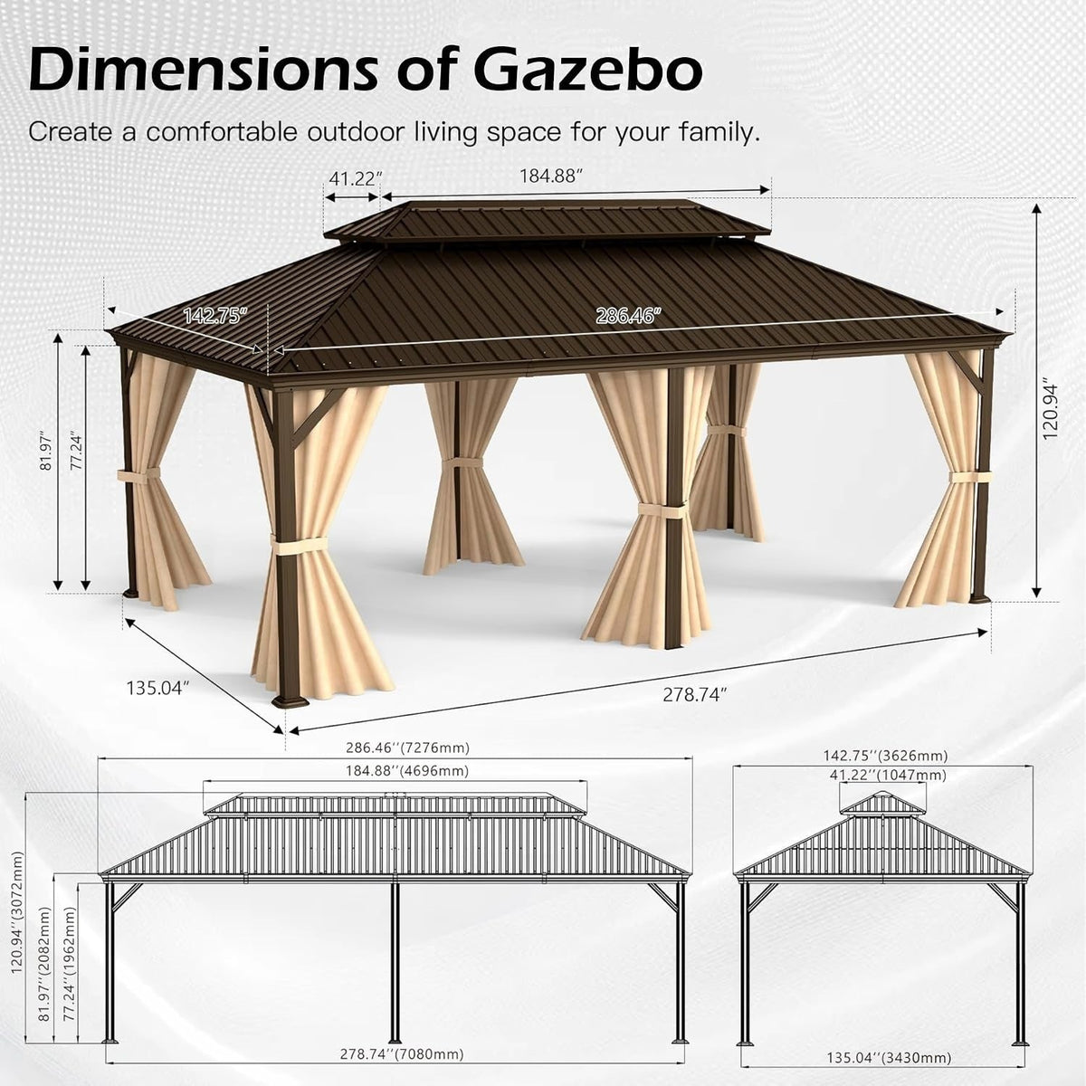 12x24FT Steel Outdoor Gazebo with Double Roof - Metal