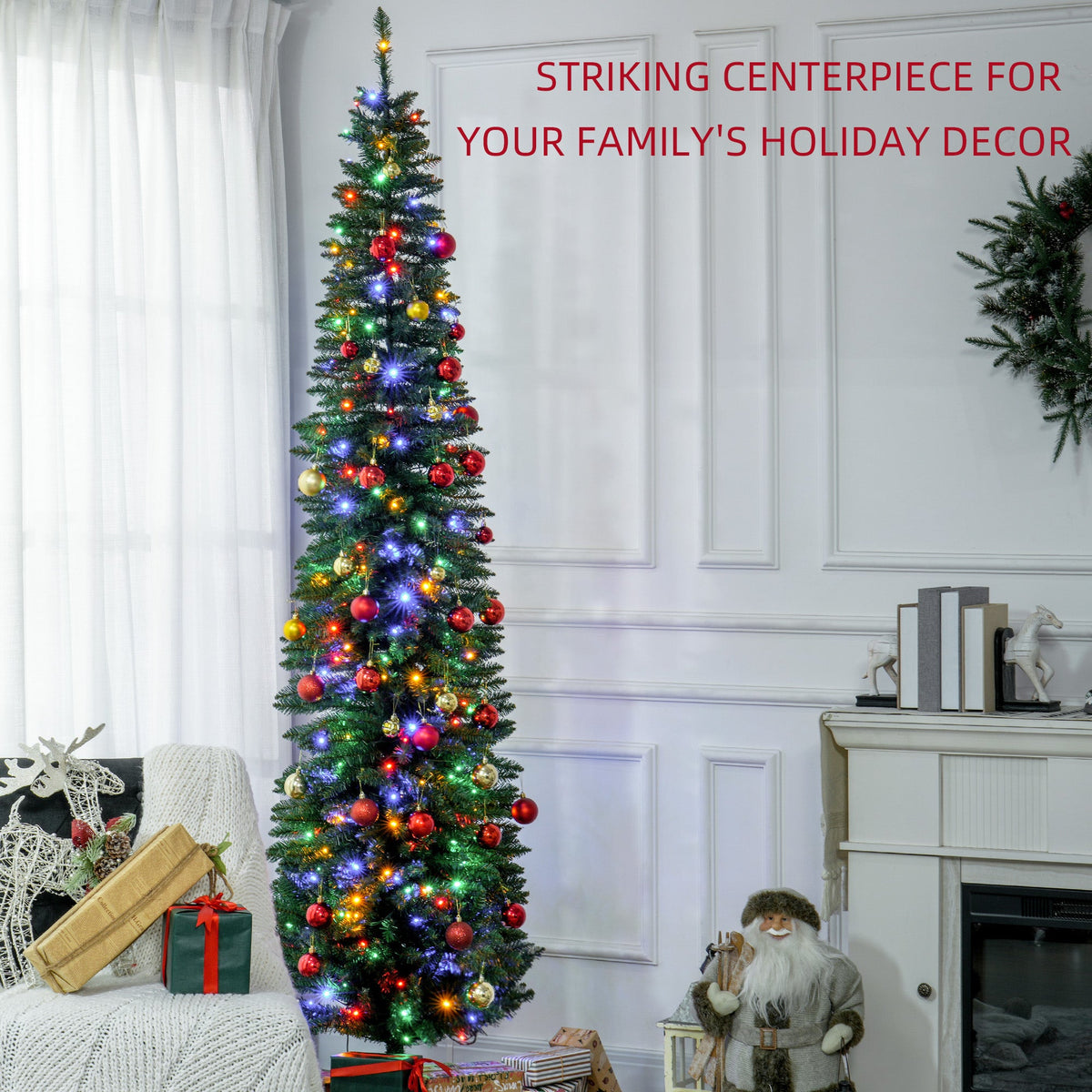 8ft Pencil Prelit Artificial Christmas Tree with 250 Colorful LED Lights