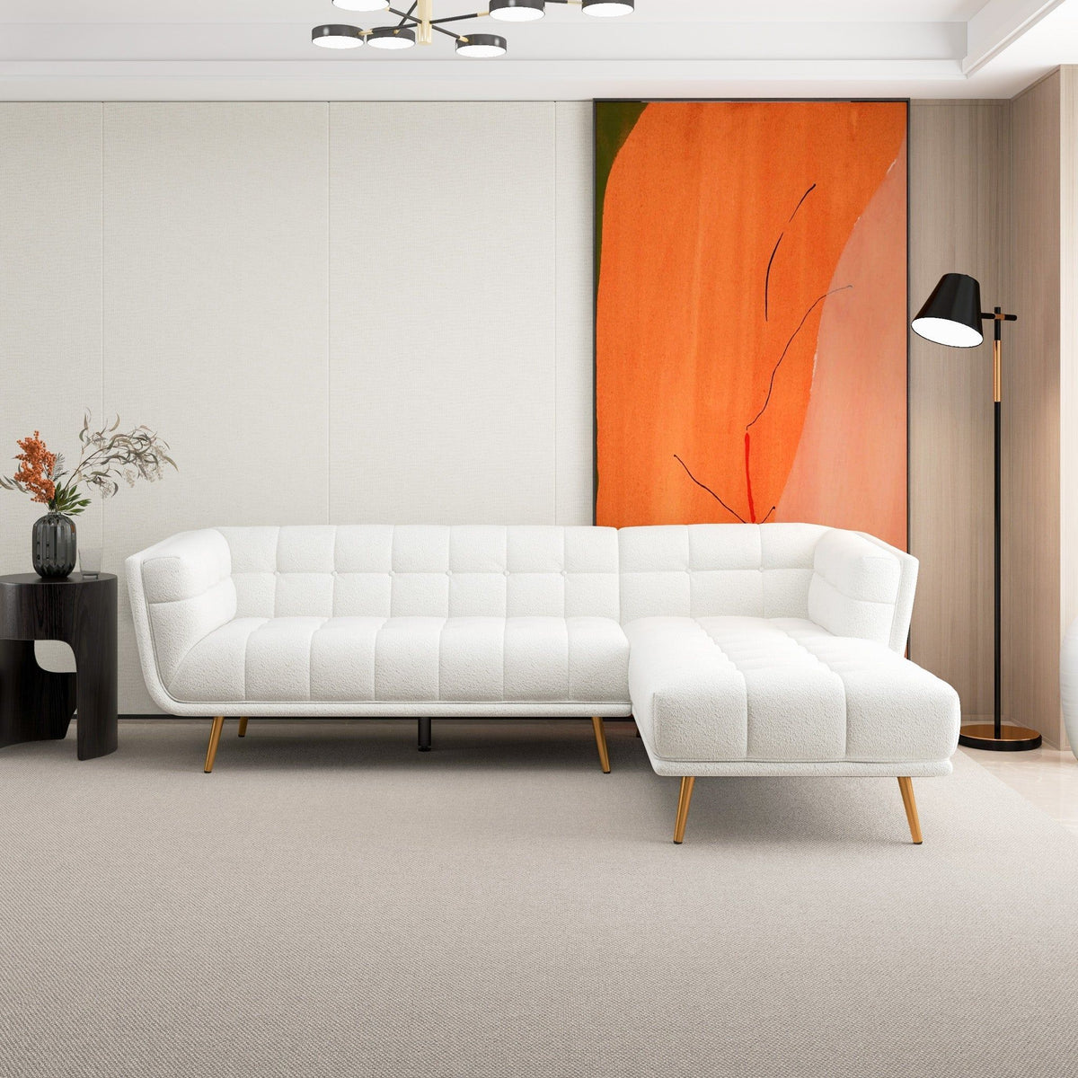 L Shape Sectional Sofa Tufted with Mid-Century Modern Design - Dark Gray or Beige