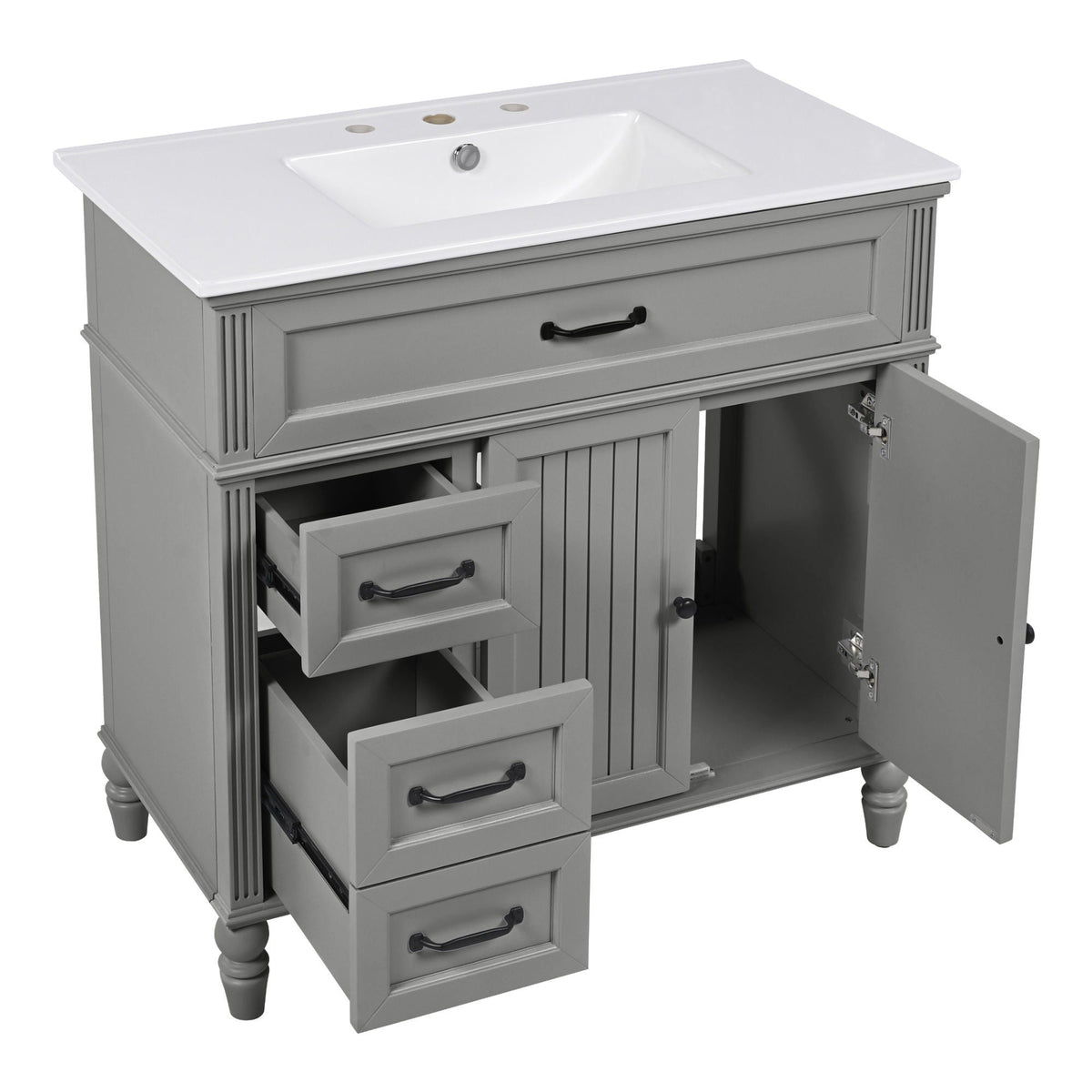 Bathroom Vanity With Sink and Drawers - Freestanding Solid Wood Cabinet