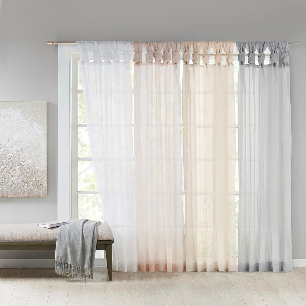 Twist Tab Voile Sheer Window Pair with Twisted Tab Tops - White