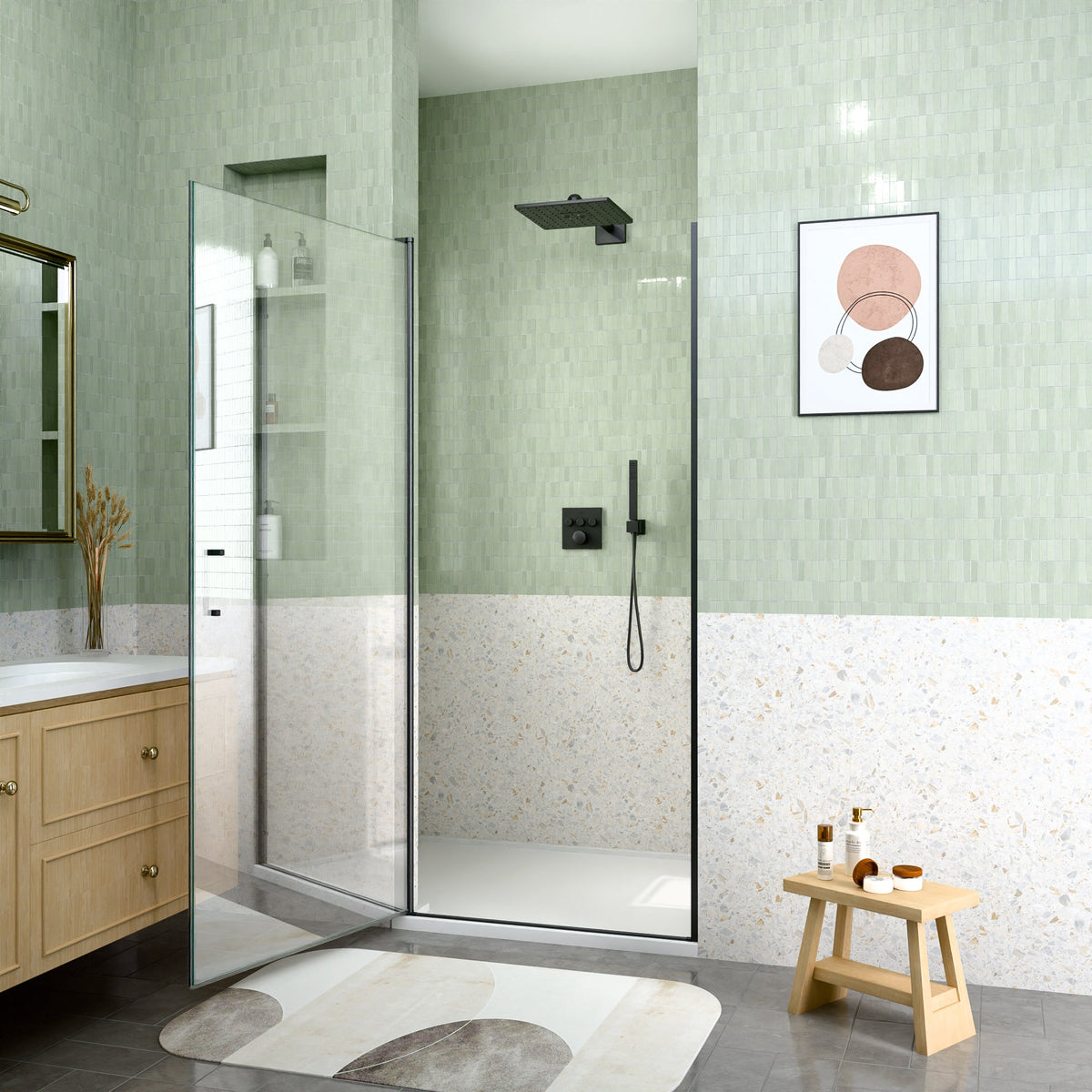 Semi-Frameless Pivot Shower Door with Soft-Close - Matte Black