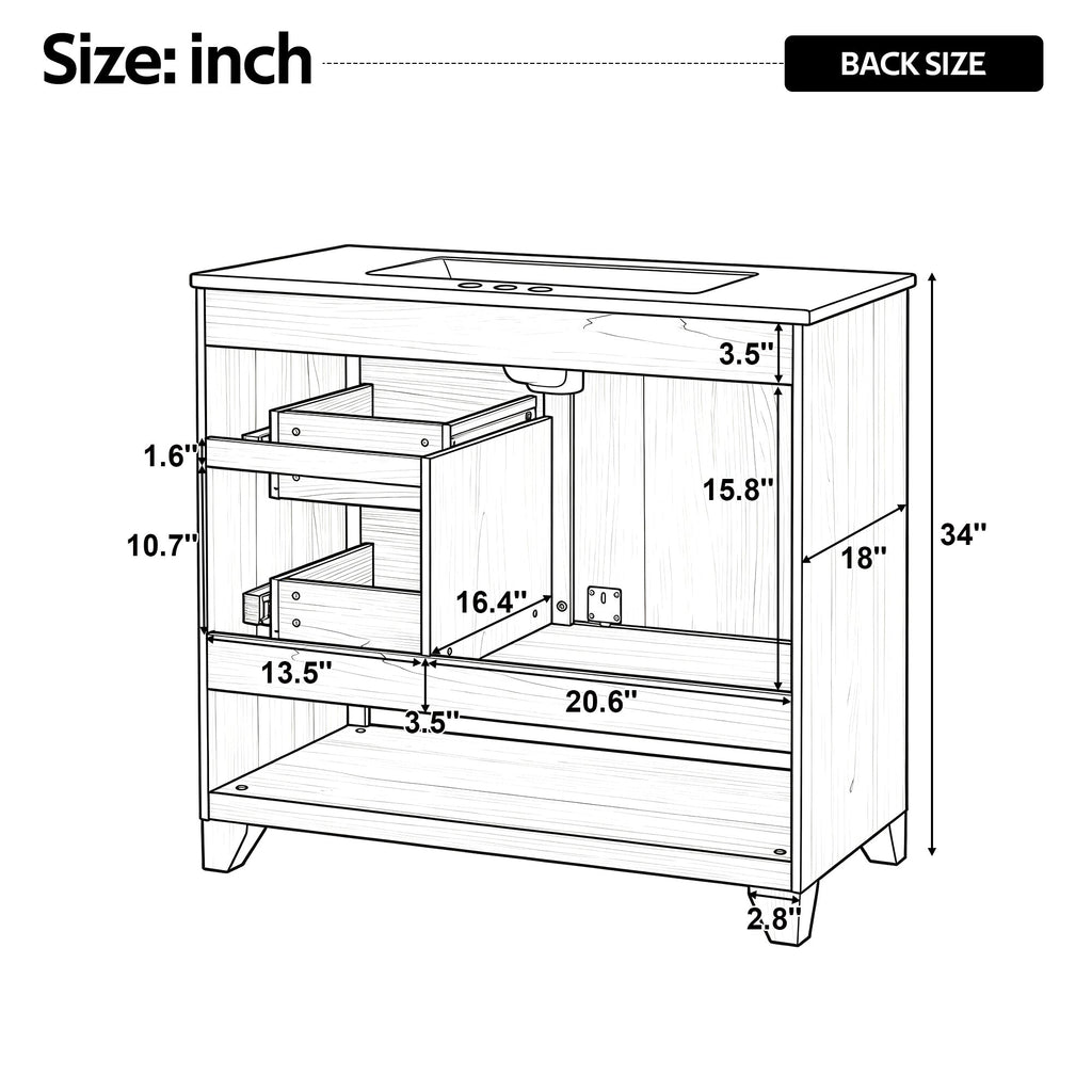 36" Bathroom Vanity with Ceramic Sink and Soft-Close Drawers - White