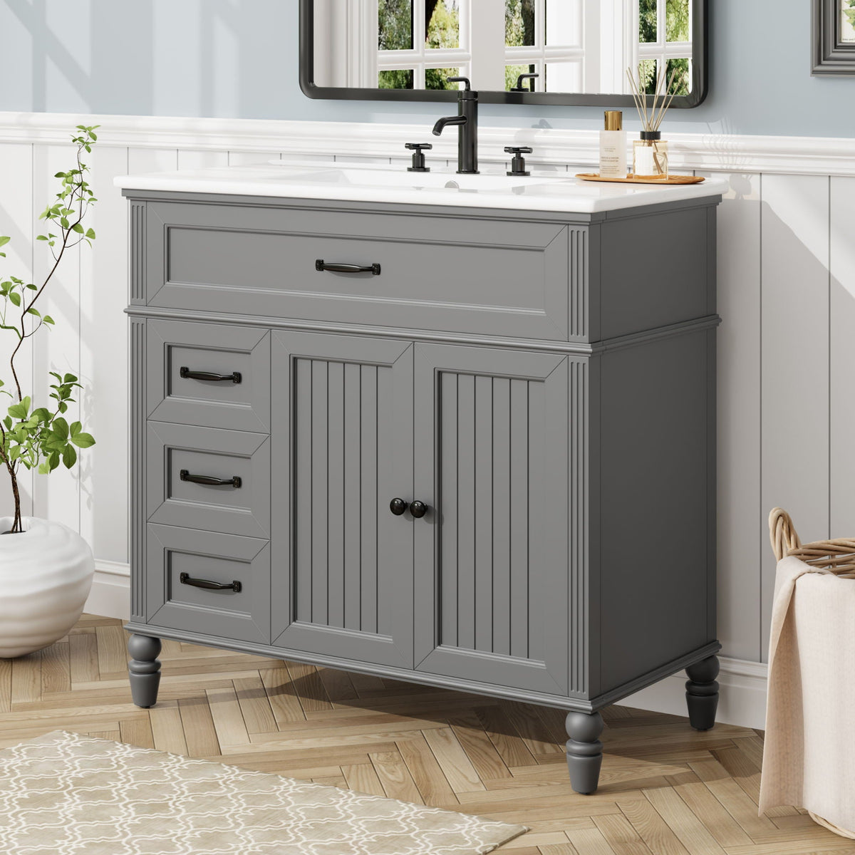 Bathroom Vanity With Sink and Drawers - Freestanding Solid Wood Cabinet