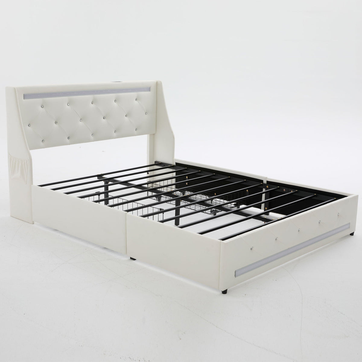 Wingback Upholstered Bed Frame with LED Lights and Charging Station - Black or White