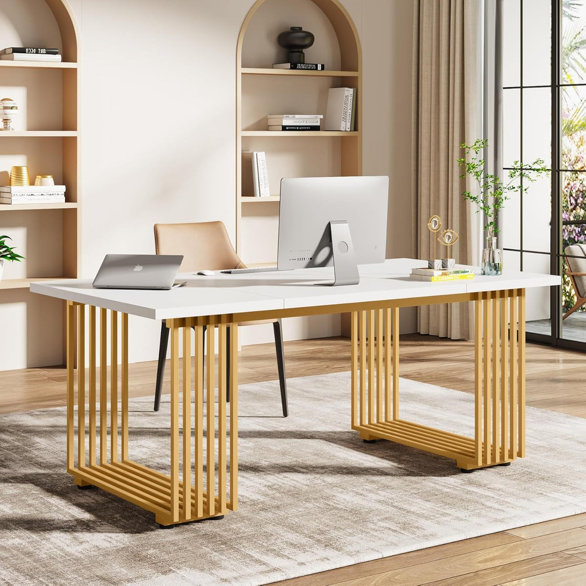 White Executive Desk with Gold Metal Legs - 70.87" Wide