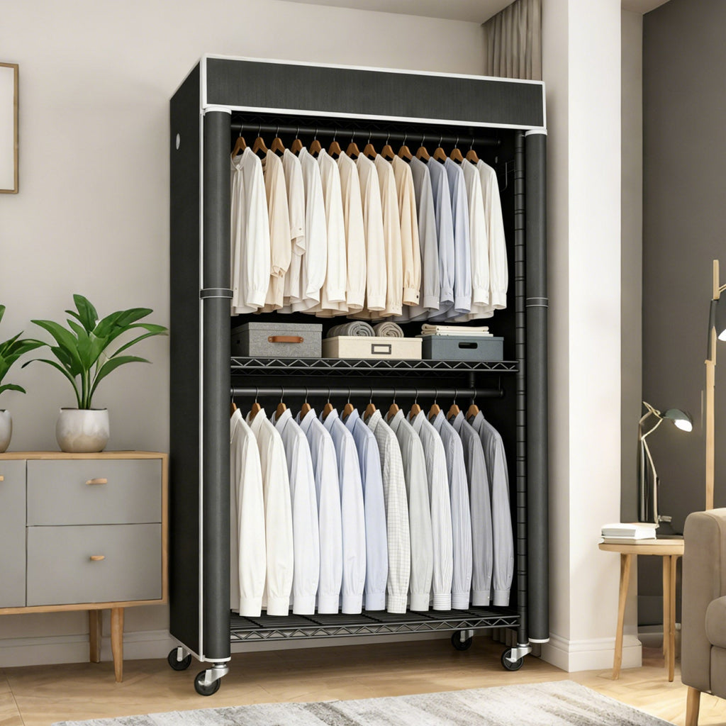 Freestanding Garment Rack with Dust Cover – Iron Frame, Mobile - Black