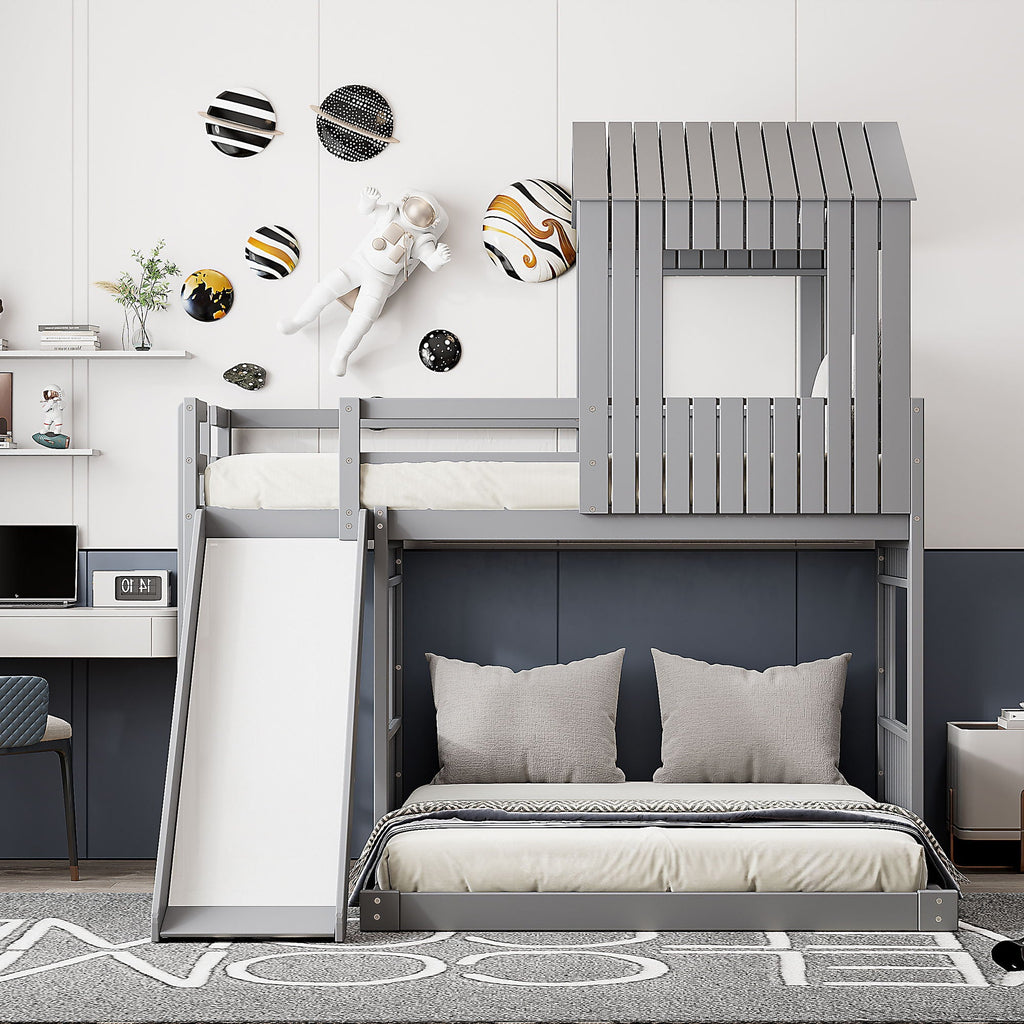 Loft Bunk Bed With Playhouse, Slide, and Guardrails - Twin Over Full