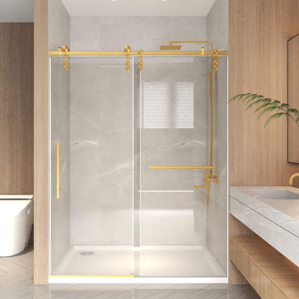 Frameless Sliding Shower Door with Clear Tempered Glass - Brushed Gold