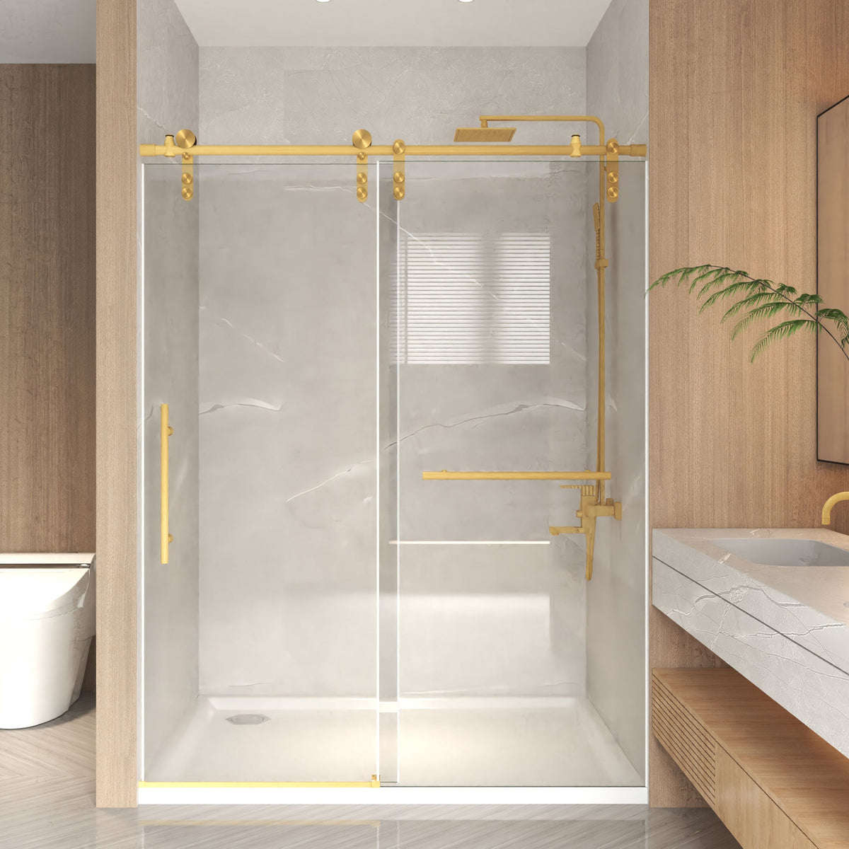 Frameless Sliding Shower Door with Clear Tempered Glass - Brushed Gold