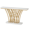 White & Gold Console Table with Grid Base - Faux Marble Top