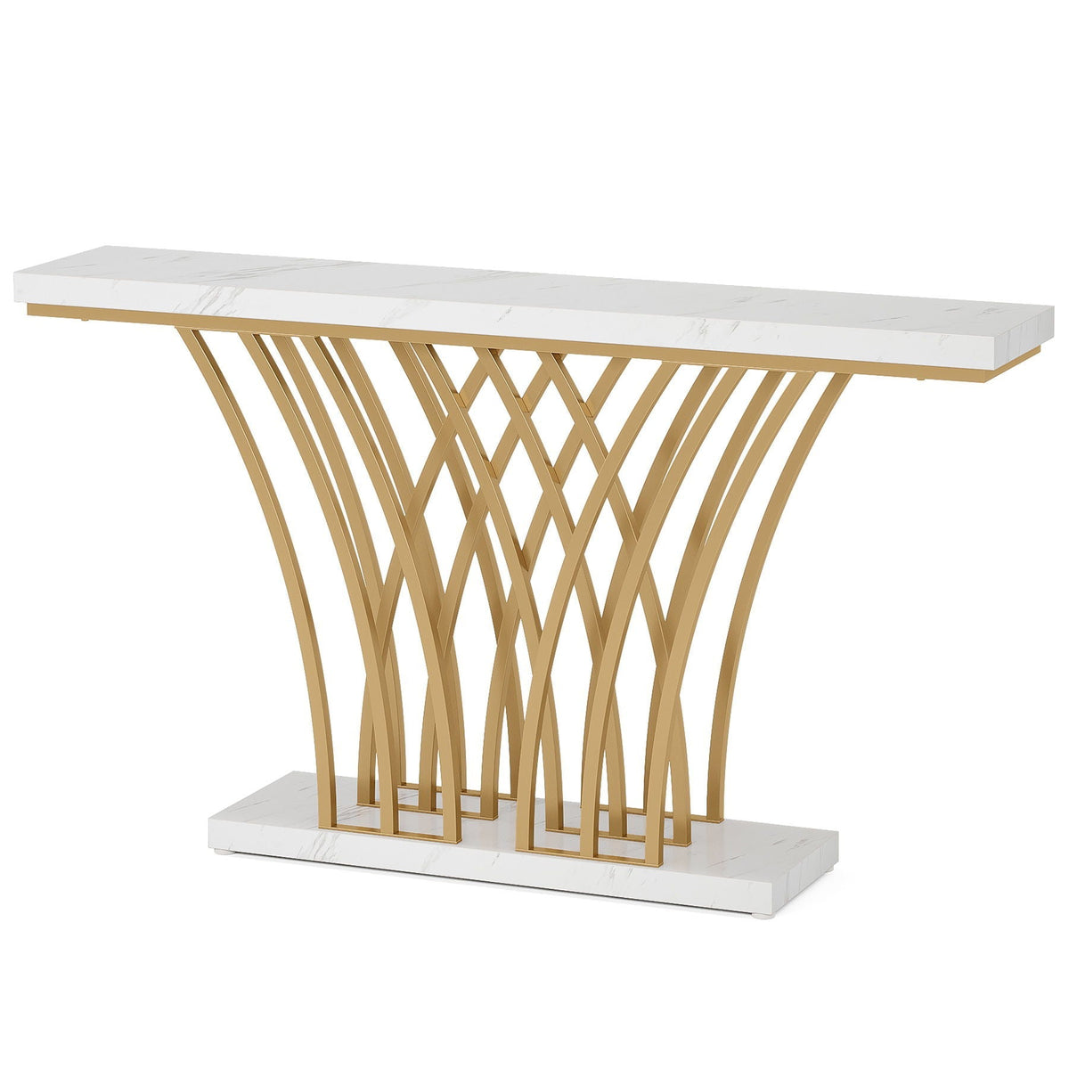 White & Gold Console Table with Grid Base - Faux Marble Top