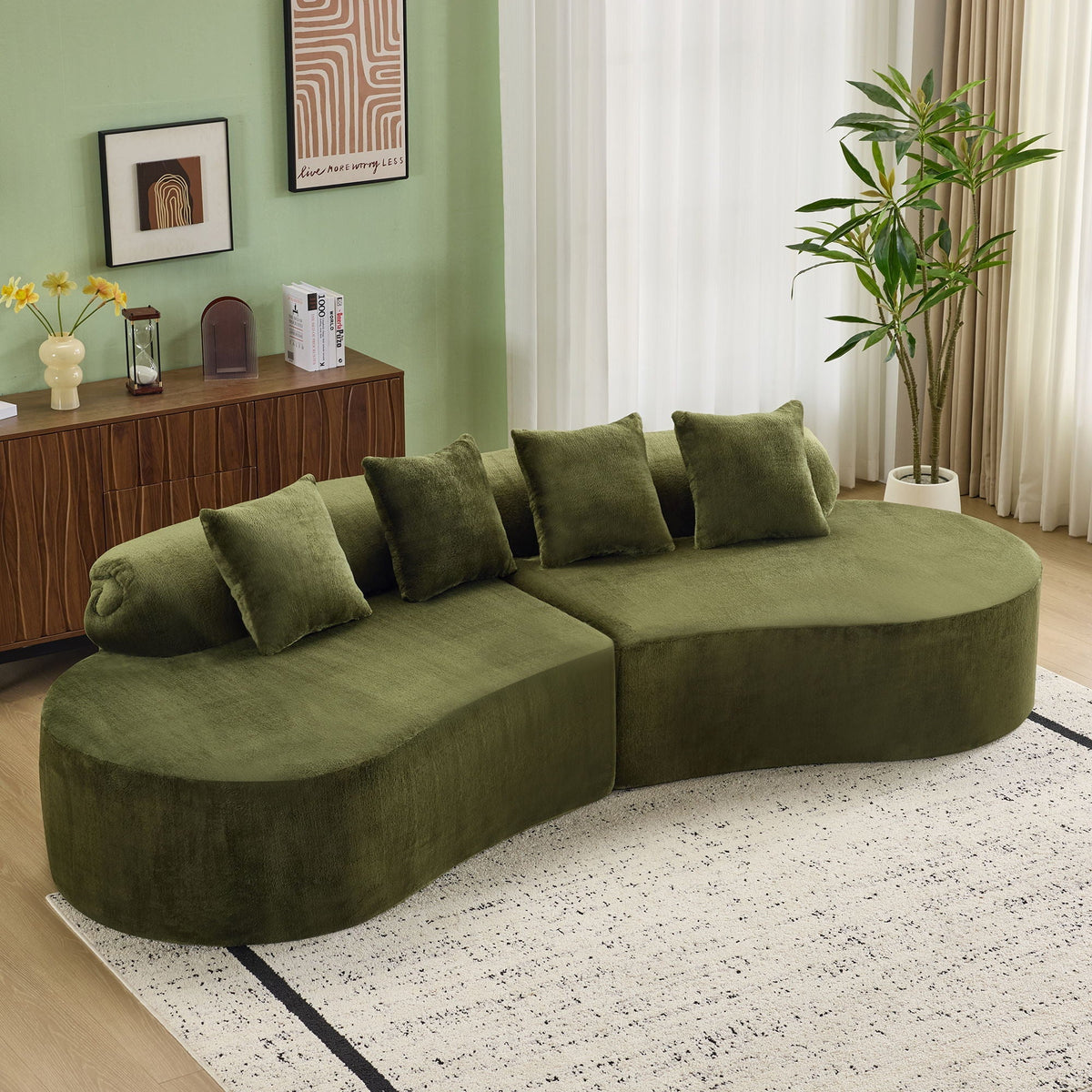 Modern Curved Sofa With Pillows - Fabric Stationary Sofa