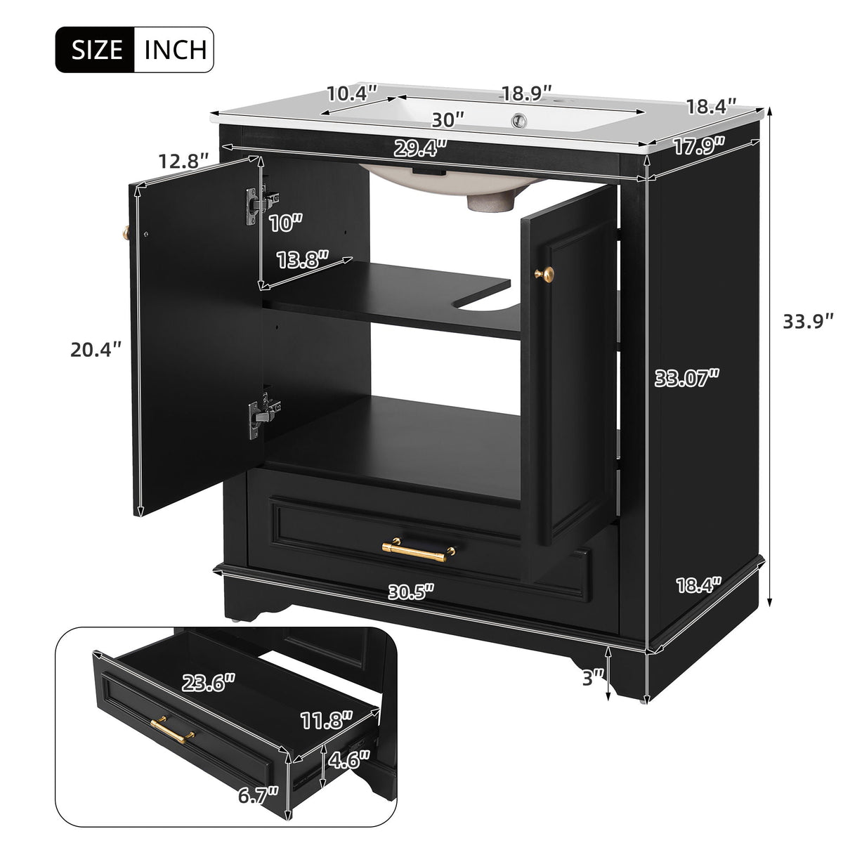 Bathroom Vanity with Sink and Adjustable Shelf - White, Green, Black