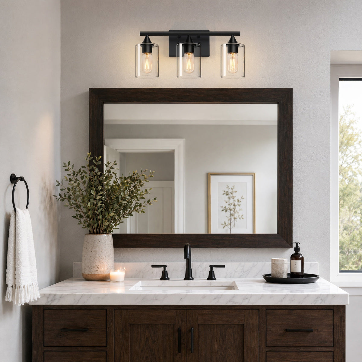 3-Light Matte Bathroom Vanity Wall Light with Clear Glass Shades - Black
