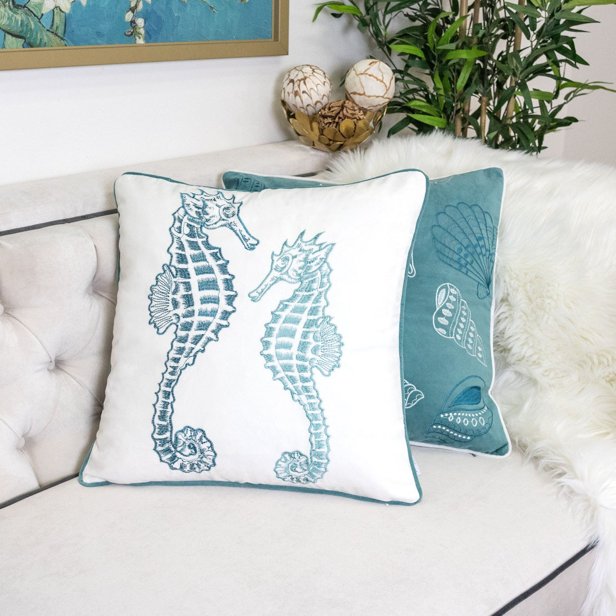 Seahorses Pillow Cover with Matching Back – 20x20 Inch Accent Pillow