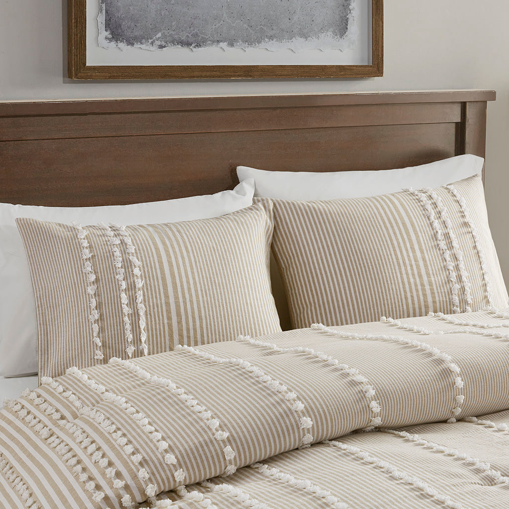Full/Queen 3 Piece Cotton Yarn Dyed Comforter Set with Tufted Embroidery - Taupe