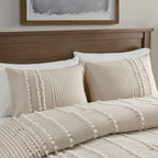 Full/Queen 3 Piece Cotton Yarn Dyed Comforter Set with Tufted Embroidery - Taupe
