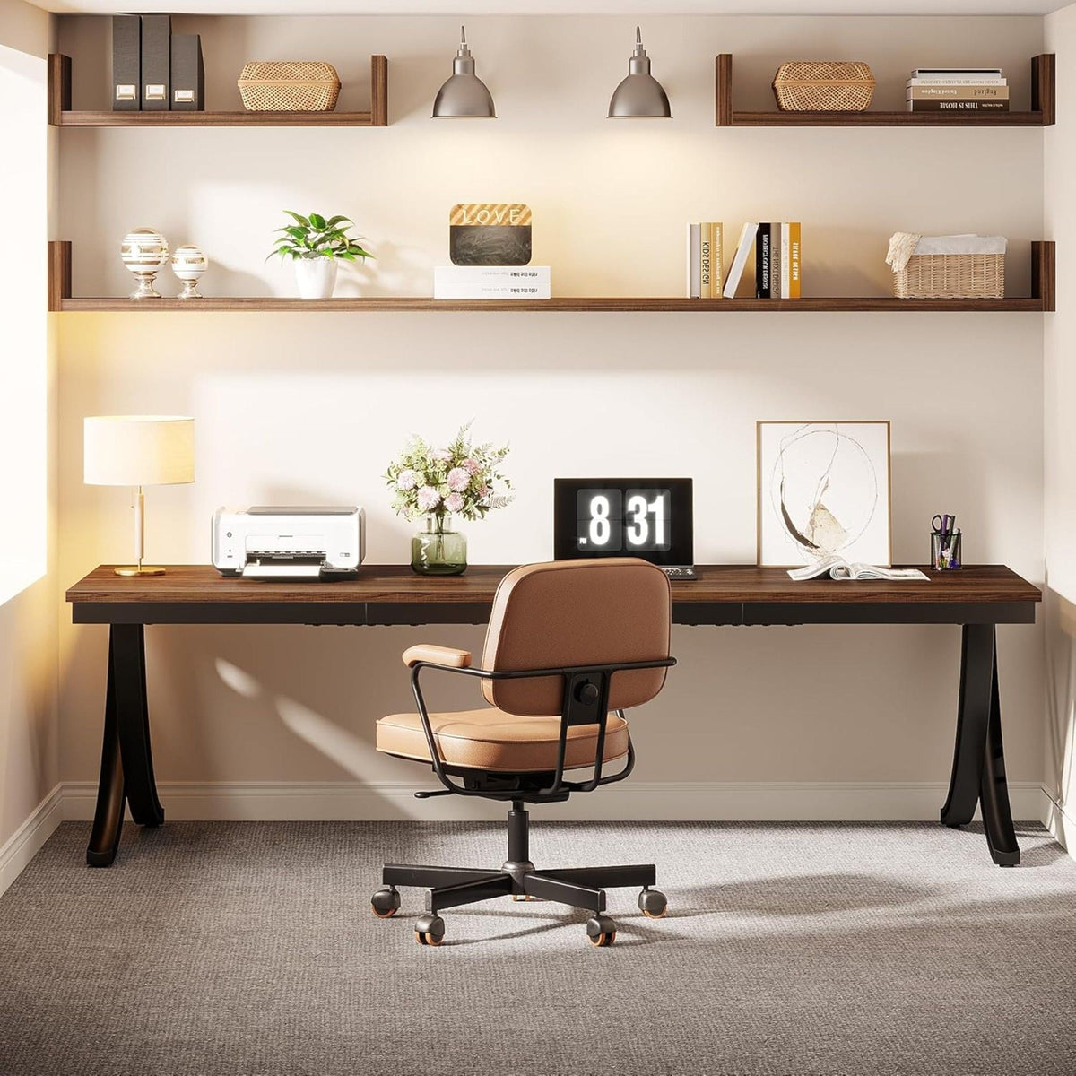 Extra Long 2 Person Desk With X Legs - Brown / Black