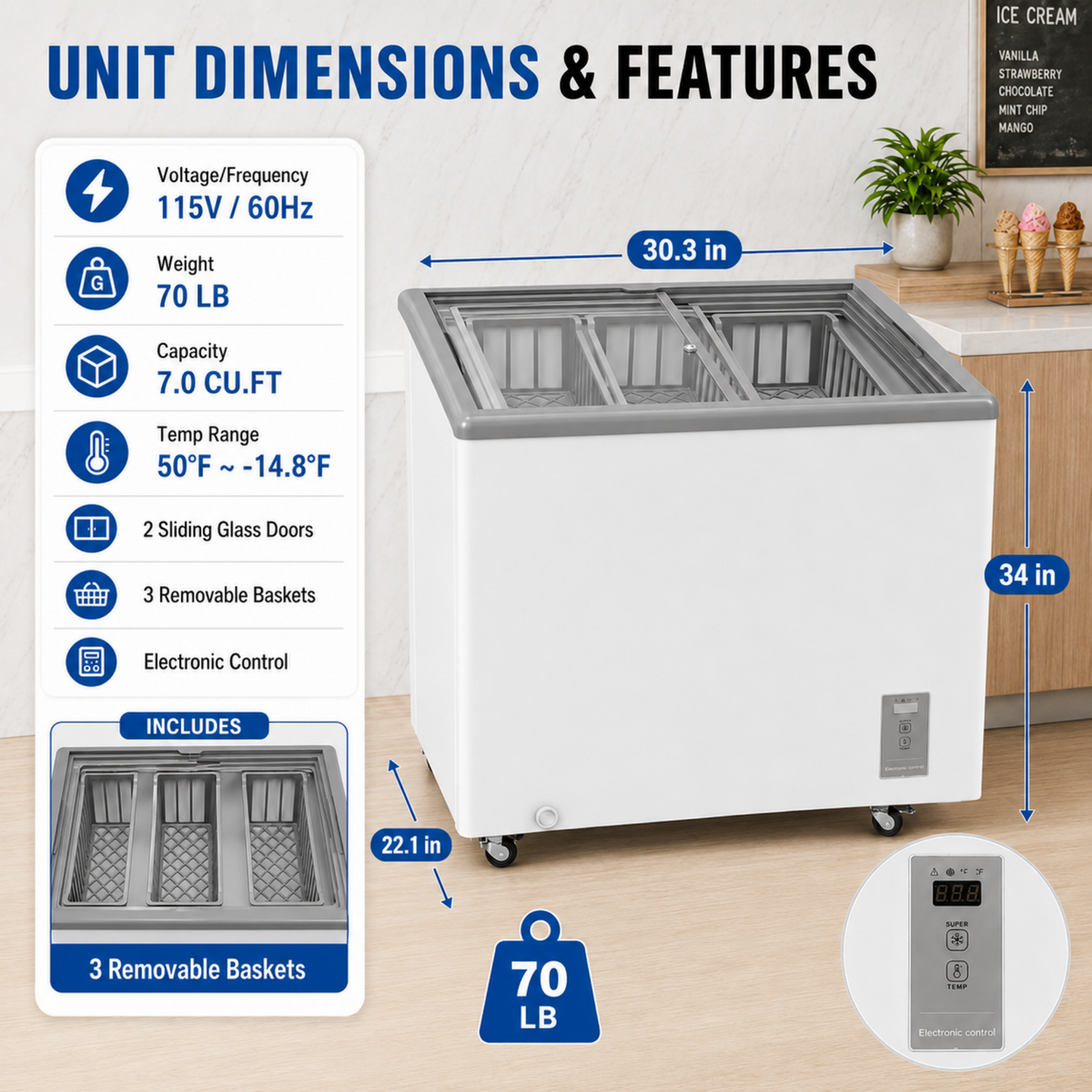 7.0 Cu.Ft Commercial Display Chest Freezer with Inverter Technology - Glass