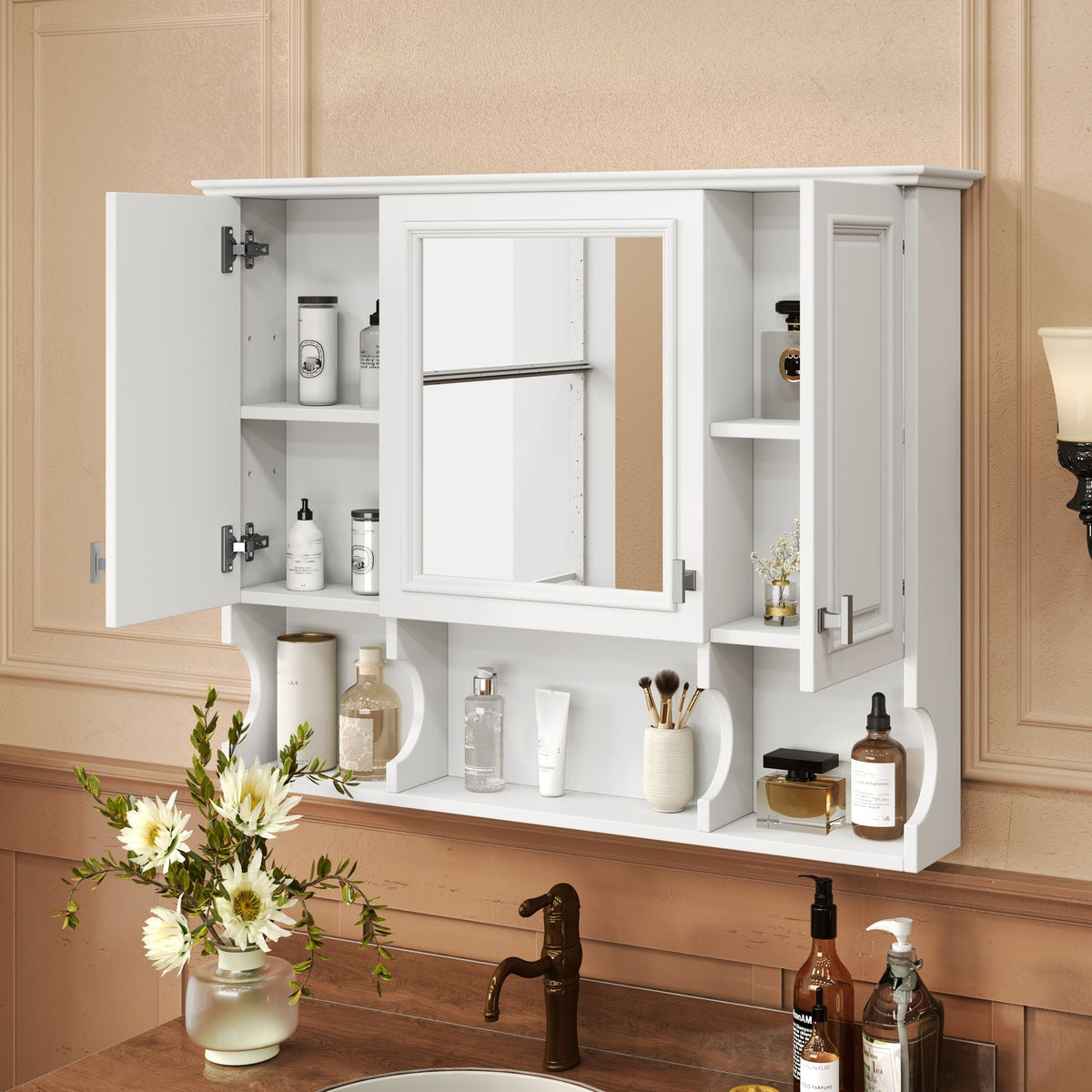 Wall Mounted Bathroom Medicine Cabinet With Mirror & Open Shelves