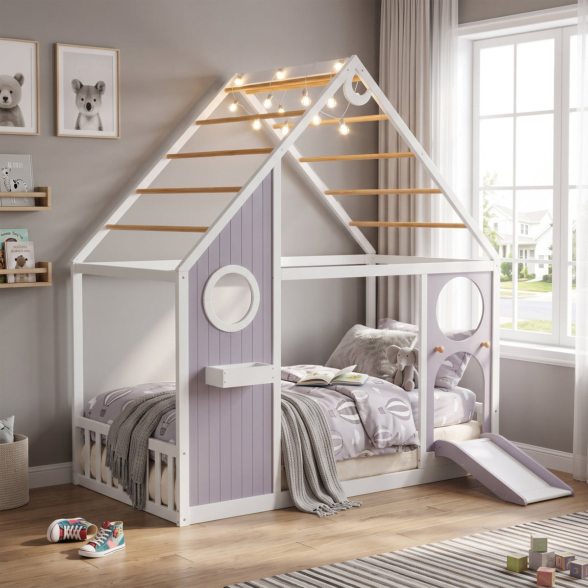 Twin House Bed with Slide and Light Strip