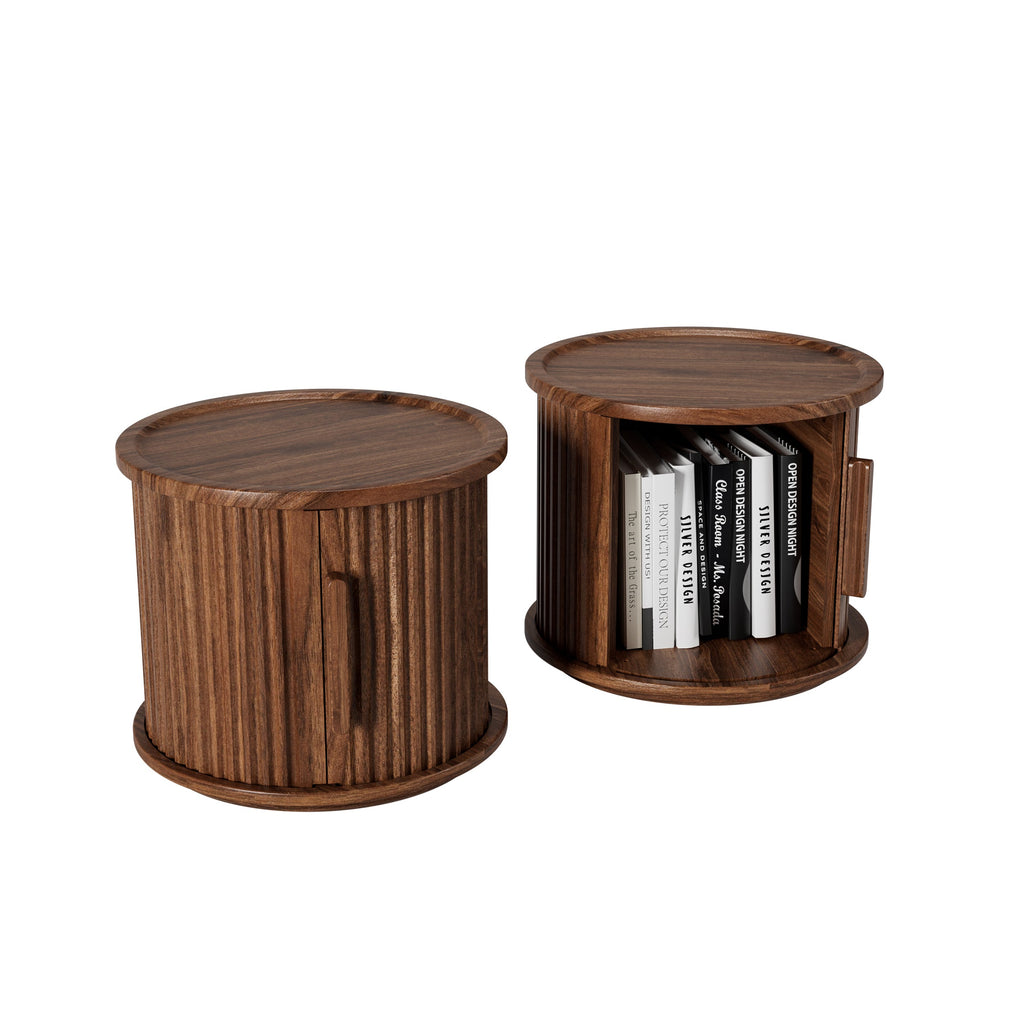 2-Piece Round Coffee Table Set with Sliding Door Storage - Walnut