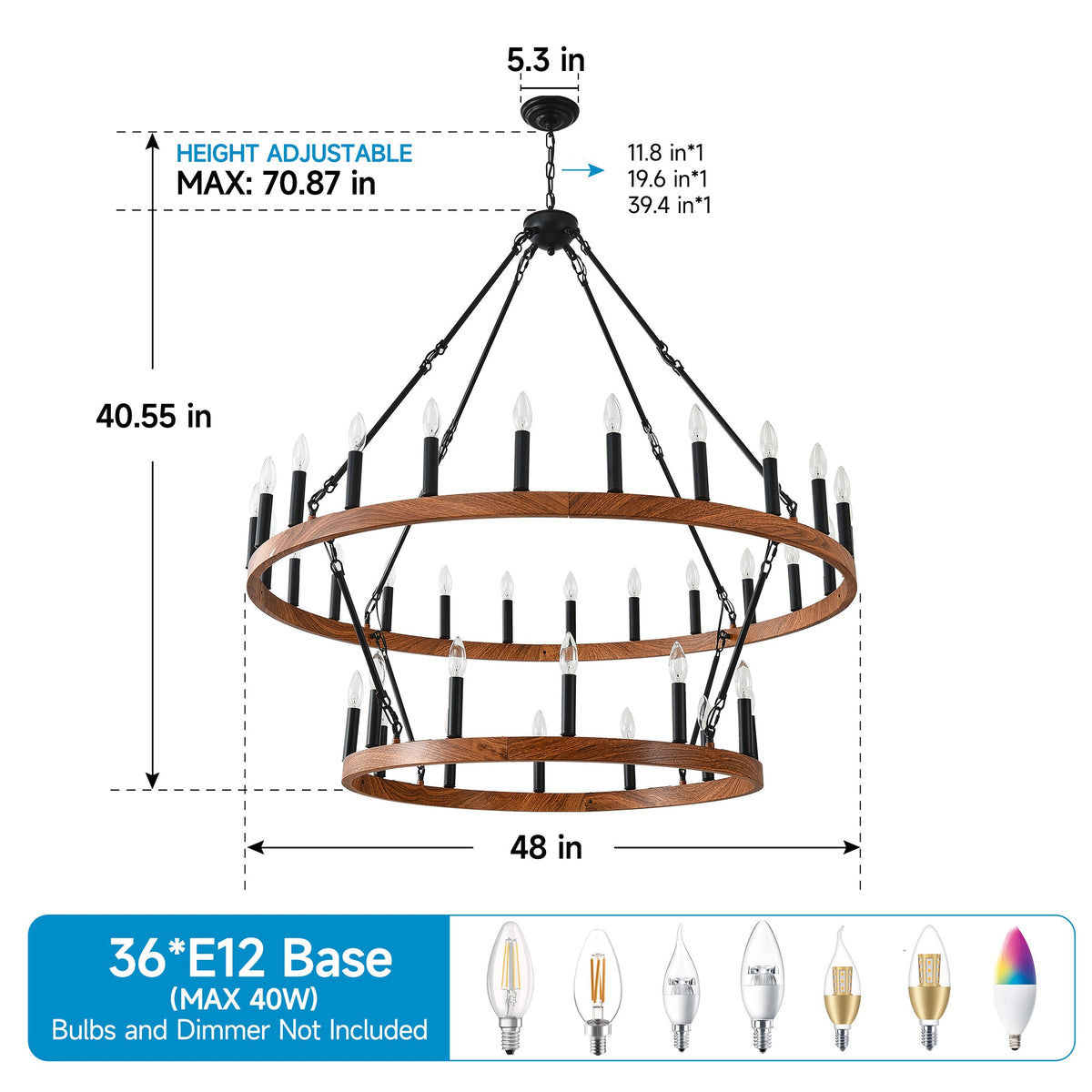 47.24 Inch Large Wagon Wheel Chandelier with 36 Lights - Wood Grain Finish