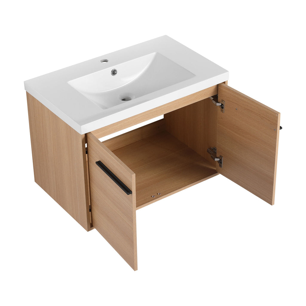Bathroom Vanity Set with Resin Countertop Sink and 2 Doors - Light Brown Oak