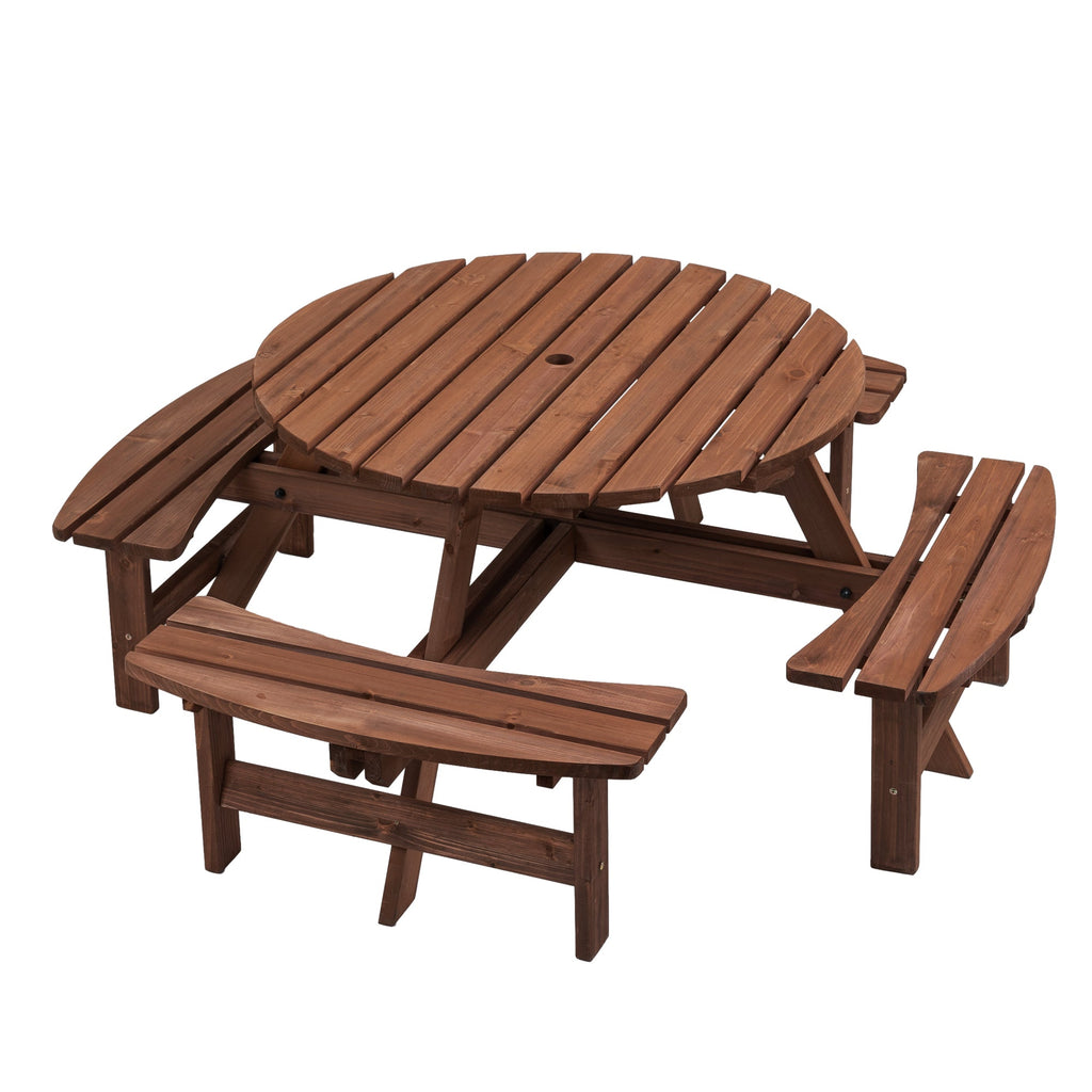 8 Person Wooden Picnic Table with Umbrella Hole - Brown