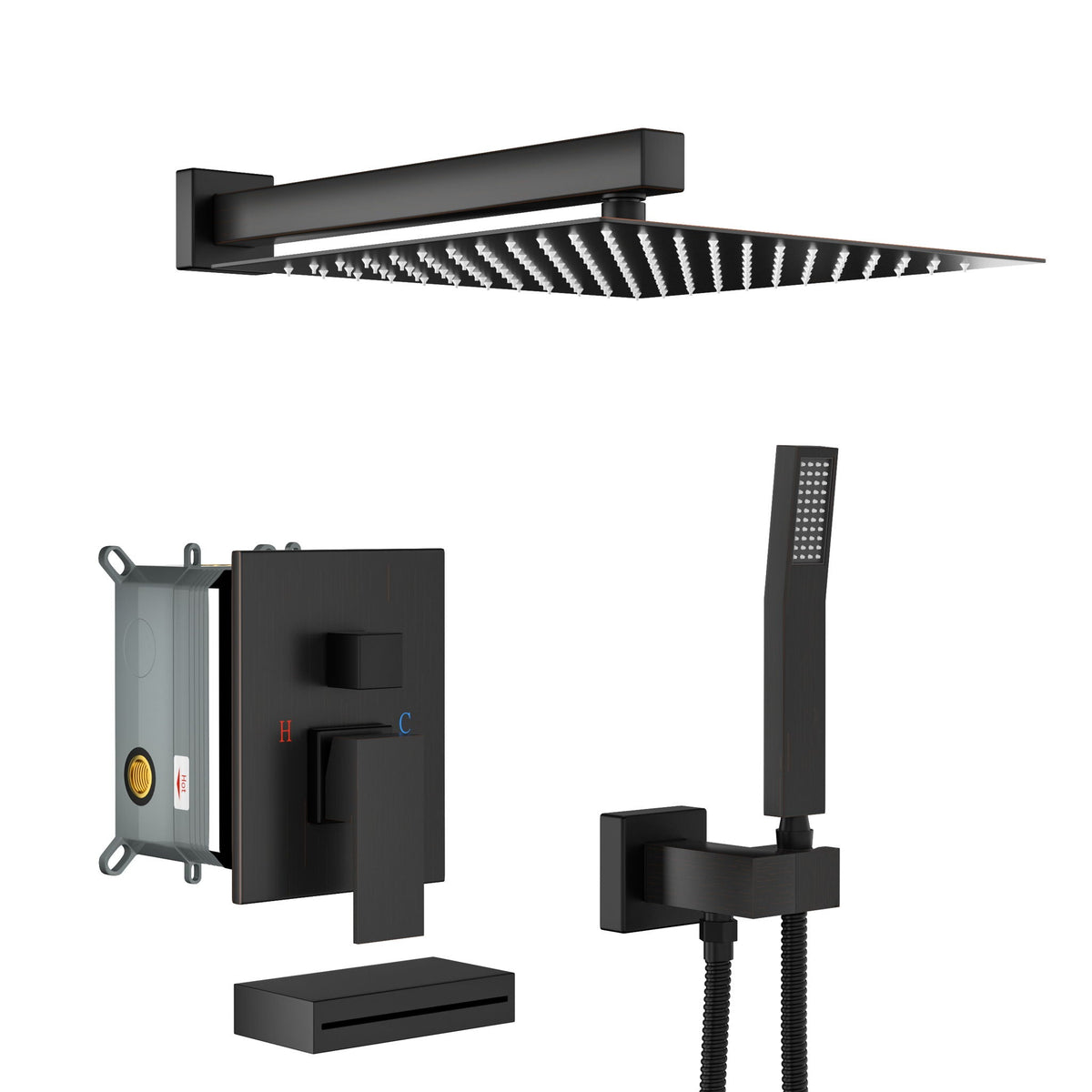 Square Shower System with Waterfall Tub Spout and Valve - Black
