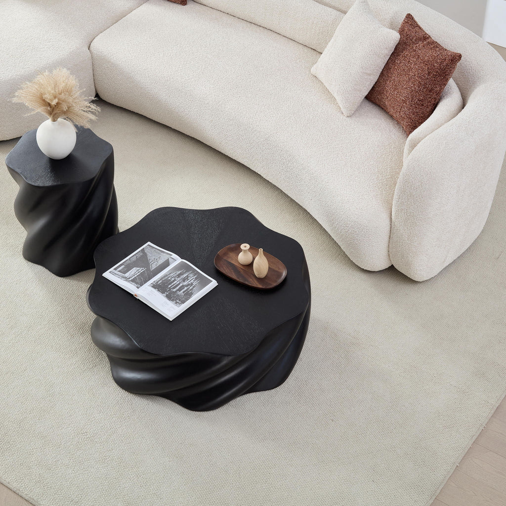 Modern Petal Shape Side Table with Sculptural Base - Black