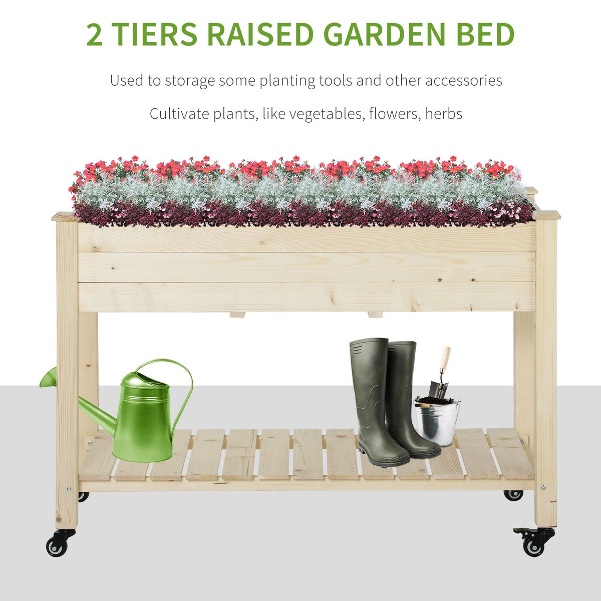 Raised Wooden Planter Box with Lockable Wheels - Natural