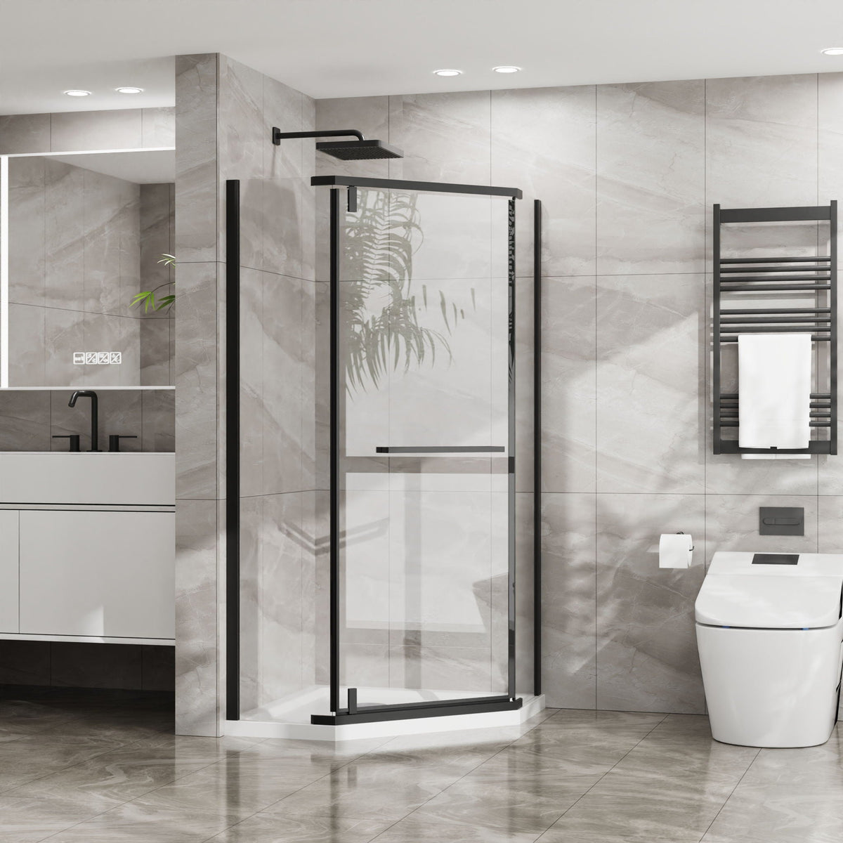 Neo Angle Frameless Shower Door with White Acrylic Shower Base - Matte Black