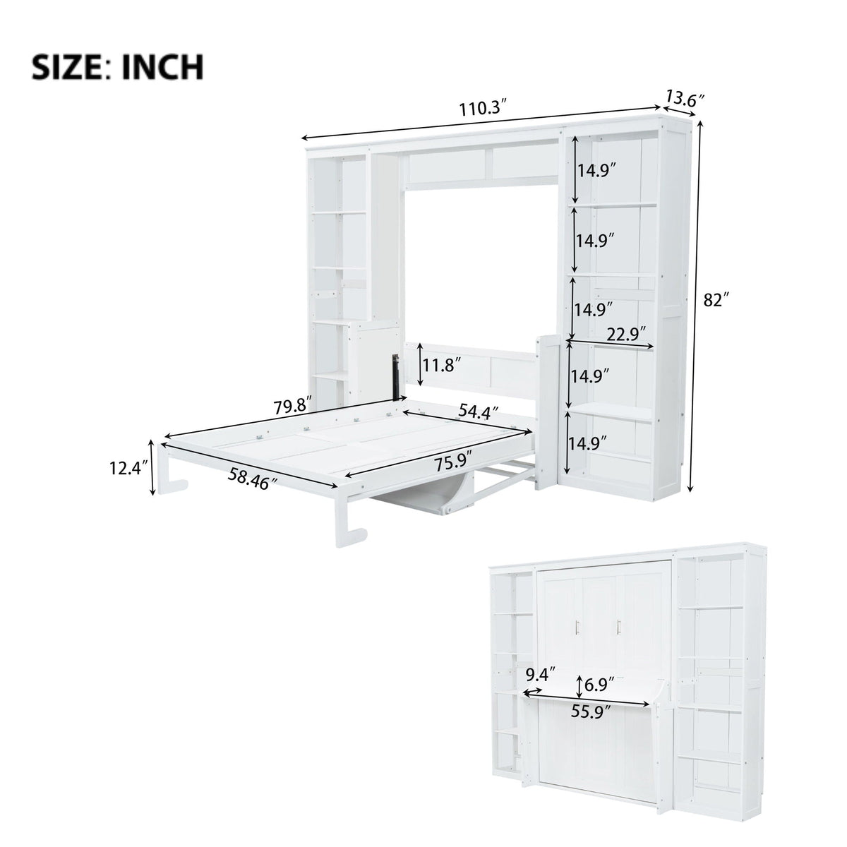Murphy Bed With Desk and Bookshelf with Solid Pine Wood - White