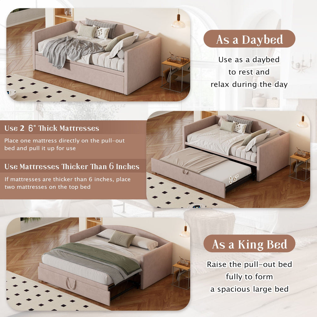 Upholstered Daybed With Pop Up Trundle Sofa Bed - Space Saving, Durable Frame - Gray or Pink