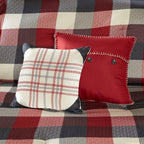 Red Herringbone King Comforter Set with Buffalo Plaid Pattern - 7 Piece