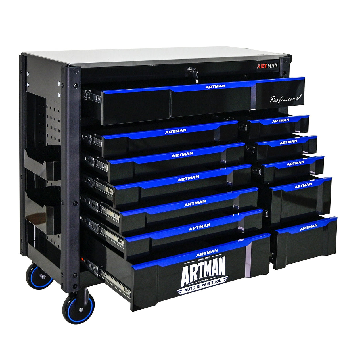 12 Layer Drawer Multi Purpose Tool Cart with Wheels and Iron Top - Black / Blue